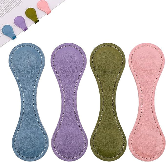 Leather Magnetic Bookmarks, 4Pcs Dark Morandi Magnet Book Mark Clips Gift for Women, Kids, Reading Book Lovers, Teacher Gift for School Office Home Supplies Father's Day Gift (Blue+Green+Purple+Pink)