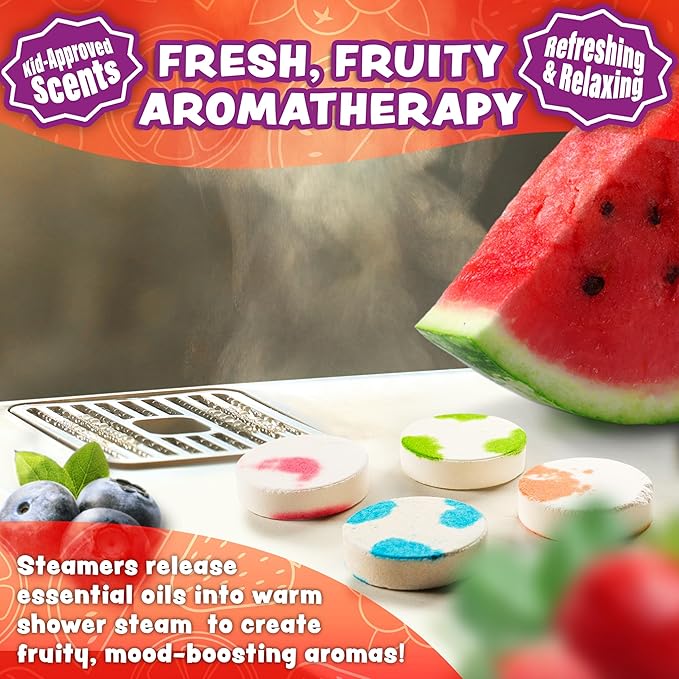 Tub Works® Fruit Fusion™ Shower Steamers for Kids, Variety 12 Pack | Fresh & Fruity Shower Steamers Aromatherapy | Fun Shower Bombs | Alternative to Kids Bath Bombs for a Sensory Shower Experience