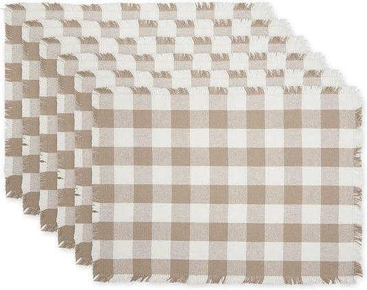 DII Heavyweight Fringed Check Tabletop Collection, Placemat Set, 13x19, Stone Brown, 6 Piece