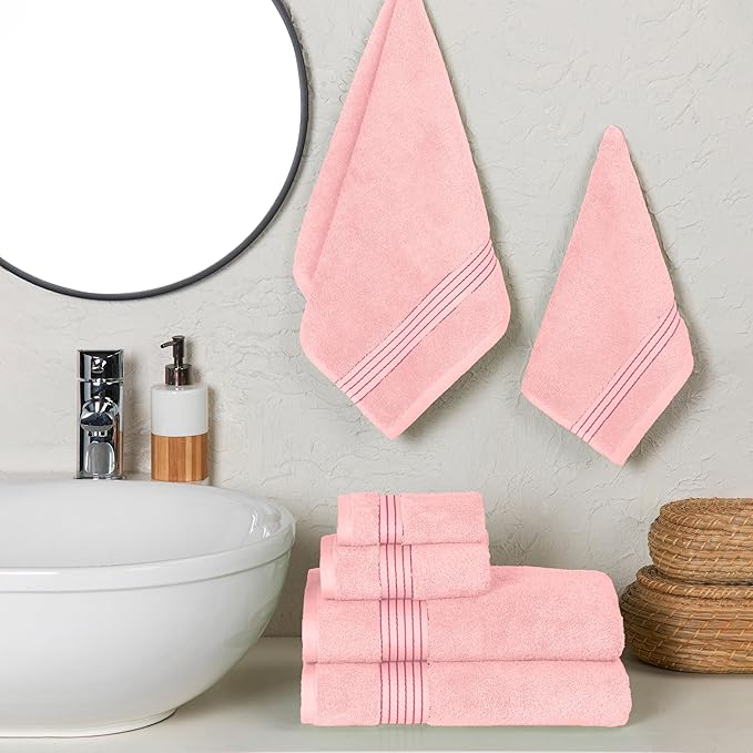 Elegant Comfort Premium Cotton 6-Piece Towel Set, Includes 2 Washcloths, 2 Hand Towels and 2 Bath Towels, 100% Turkish Cotton - Highly Absorbent and Super Soft Towels for Bathroom, Dusty Rose