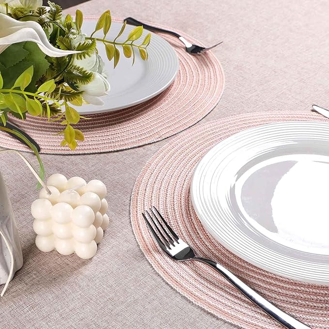 Noctiflorous 15 Inch Round Placemats Set of 6 Durable Braided Woven Heat Resistant Table Mats for Indoor Outdoor Non Slip Dining Table Place Mats(Pink White, 6)