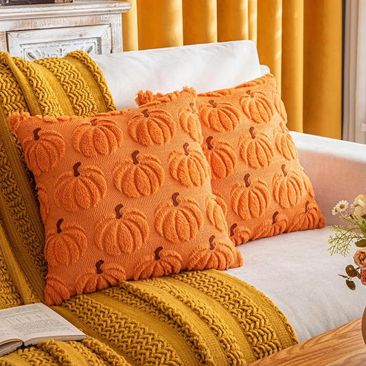 Pumpkin Fall Decorative Throw Pillow Covers 20"x20", Set of 2 Orange Brown Soft Faux Fur Pillow Covers for Autumn Harvest, Fluffy Plush Accent Pillow Cases for Farmhouse Halloween Decor