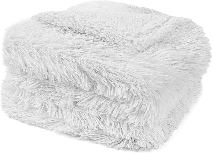 Pavilia White Fluffy Throw Blanket, Fuzzy Plush Warm Blanket for Couch, Bed, Sofa - Super Soft Thick Faux Fur Sherpa - 50x60