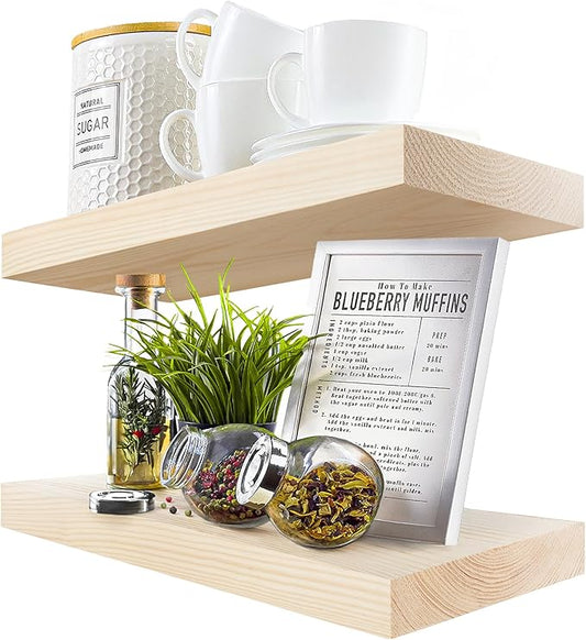 BAOBAB WORKSHOP Wood Floating Shelves for Bathroom Wall - Rustic Shelf 16 inch - Floating Wooden Shelves for Bedroom Kitchen Living Room - Natural Wood Shelves - DIY, 16 x 6.7 Inch, Set of 2