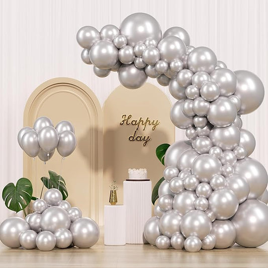 Metallic Silver Balloons 145pcs Different Sizes 5in 10in 12in 18in Chrome Silver Shiny Round Latex Balloon Arch Kit Garland for Wedding Baby Shower Birthday Party Decor
