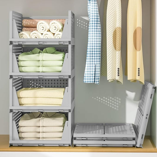 Neprock Clothes Storage - 4 Pack Plastic Drawer Organizers, Stackable Closet System for Towel, T-Shirt, Sweater (4L Gray)