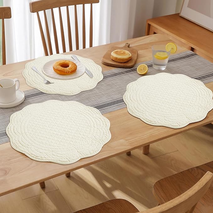 HOMBYS Quilted Placemats Set of 6 Washable Round Placemats for Kitchen Table-100% Cotton Fabric 15 Inch Round Table Mats, Cotton Fabric with Microfiber Filling, (15"x15", Flax)