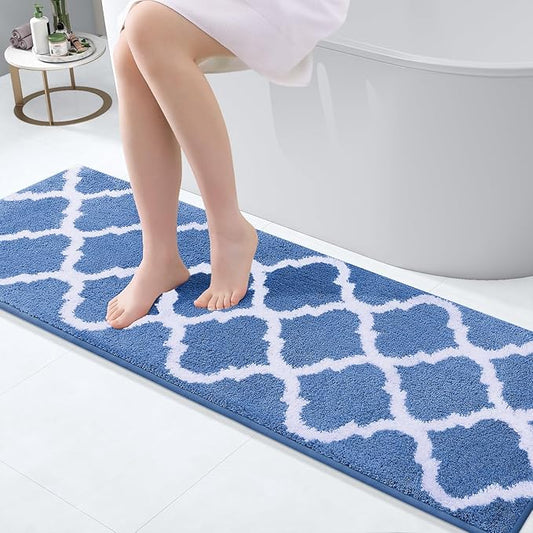 OLANLY Bathroom Rugs 47x17, Soft and Absorbent Microfiber Bath Rugs, Non-Slip Shaggy Shower Carpet, Machine Wash Dry, Bath Mats for Bathroom Floor, Tub and Shower, Blue