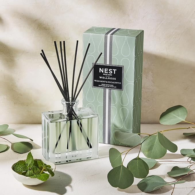 NEST New York Reed Diffuser, Wild Mint & Eucalyptus - 5.9 fl oz - Fragrance for Up to 90 Days - Reusable, Refillable Glass Holder - Includes 8 All-Natural Reed Sticks - Flame Free