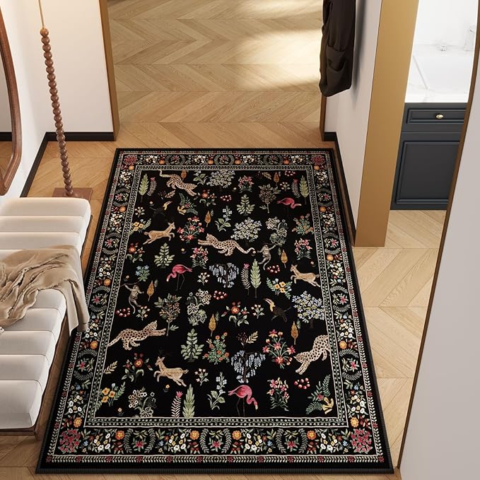 Bedroom Rug 3x5 Rug Washable Area Rug Non Slip Low Pile Boho Floral Animal Small Carpet for Bedroom, Bedside, Kitchen, Entryway, Kids Room, Office, College Dorm Essentials for Girls (Black)
