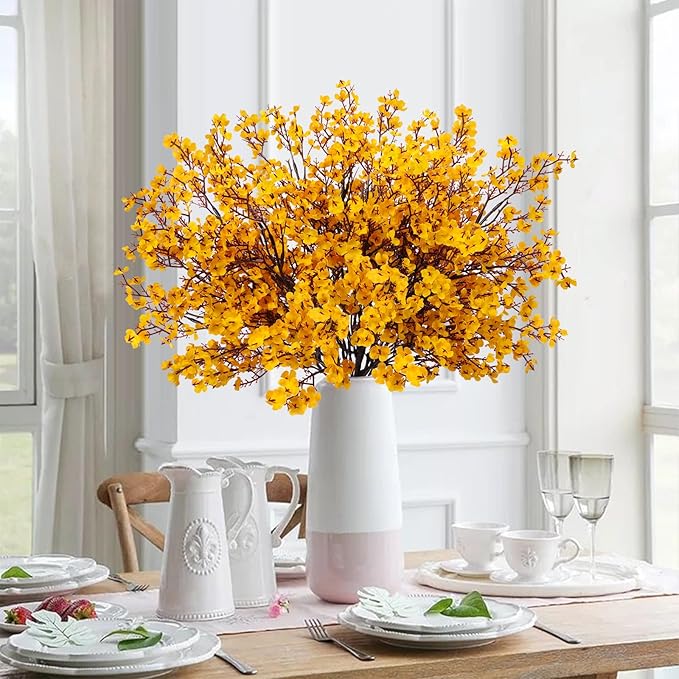 AILANDA 12 PCS Artificial Fall Flowers Babys Breath Orange Yellow Real Touch Silk Floral Arrangement Gypsophila Flowers for Home Wedding Table Centerpiece Fireplace Vase Filler Autumn Decor
