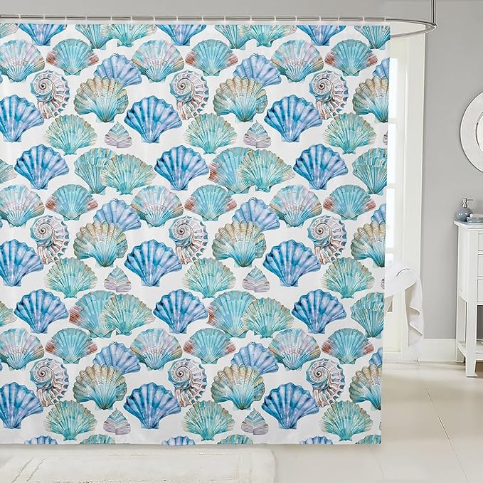 Feelyou Seashell Conch Print Shower Curtain 72"x78" Kids Marine Life Sea Bathroom Shower Curtain Set for Boys Girls Teens Ocean Marine Themed Bath Curtain Sea Coastal Nautical Bathroom Accessories