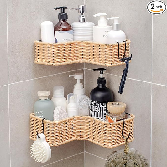 GRANNY SAYS Corner Shower Caddy, 2 Pack Rustproof Corner Shelves, Wicker Shower Organizers and Storage, Inside Shower Shelf for Home Decor