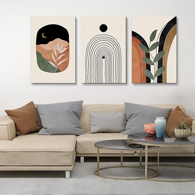 Boho Wall Art Set of 3, Mid Century Modern Canvas Wall Painting, Neutral Abstract Geometric Prints for Bedroom, Bathroom, Living Room, Office