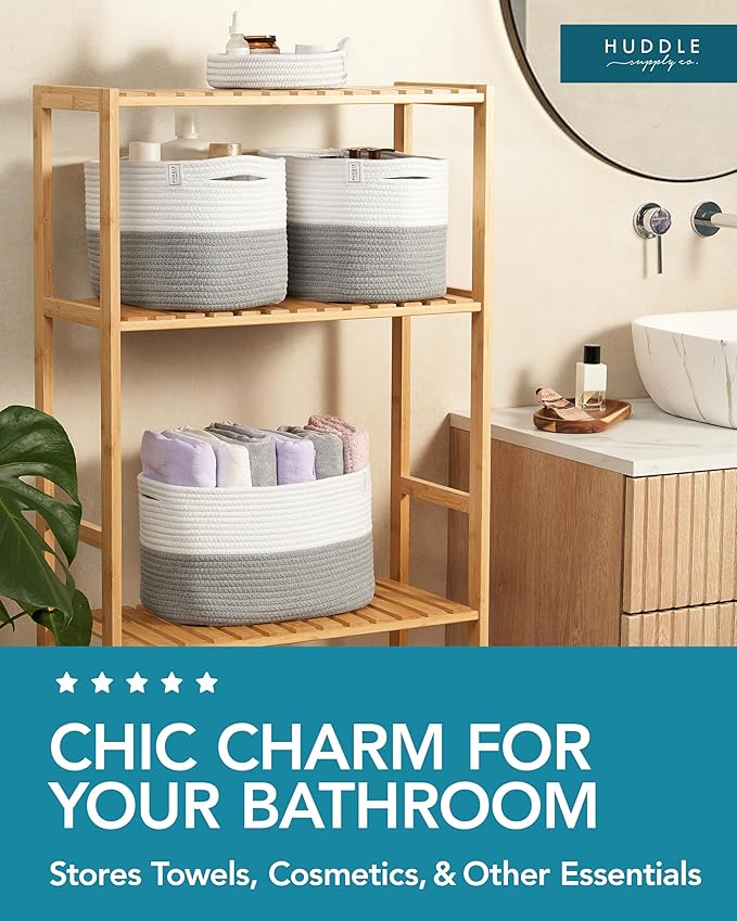 Washable Woven Storage Baskets for Organizing - 3-Pack Cotton Rope Basket with Handles - Decorative Storage Bins, Storage Baskets for Shelves, Nursery Storage Bins, Cube Baskets - White & Grey