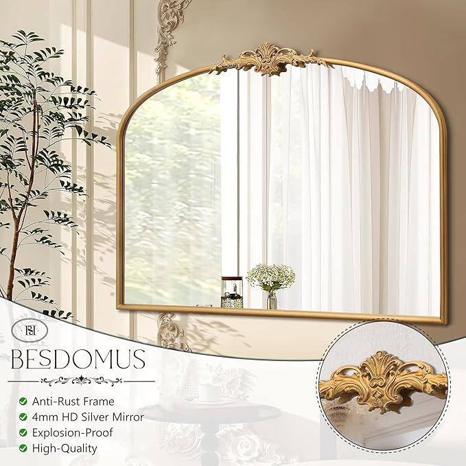 Vintage Baroque Arched Mirror: 40"x30" Gold Antique Wall Mounted Mirror - Traditional Ornate Metal Frame - Home Decor for Entryway/Fireplace/Living Room/Hallway/Bathroom