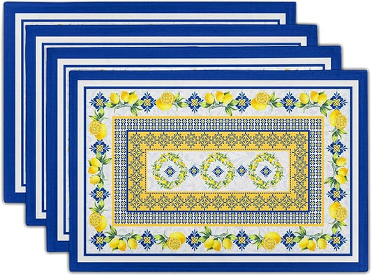 Lemon Summer Table Placemats for Dining 12 x 18 Inch Set of 4，Blue Yellow Boho Heat-Resistant Washable Table Non-Slip Rectangle Place Mat for Seasonal Party Kitchen Dining Table Decor