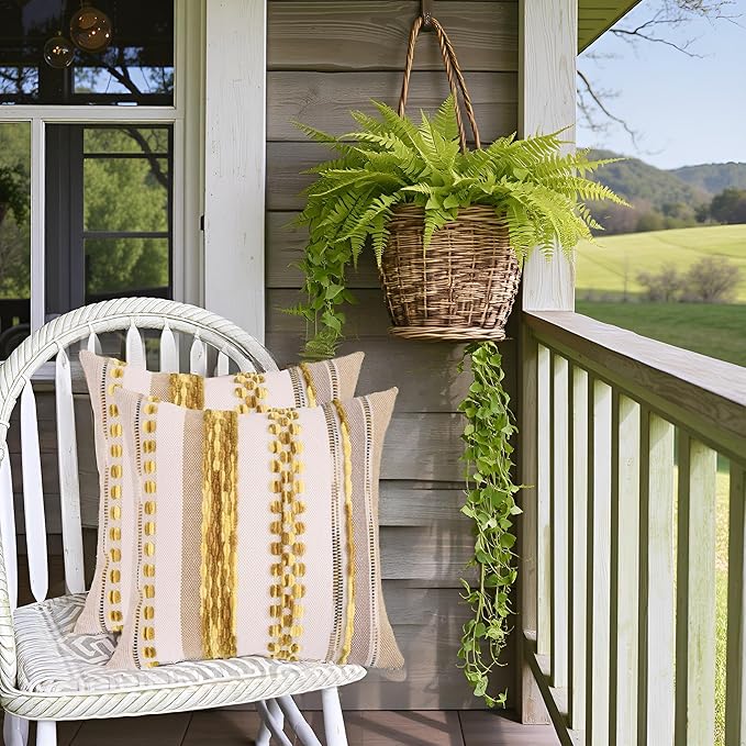 Tosleo Decorative Throw Pillow Covers 18x18 Set of 2 Boho Chenille Tufted Pillow Cover Textured Pillow Covers Striped Pillowcases Accent Pillow Cases Farmhouse Cushion Case for Sofa Couch,Yellow