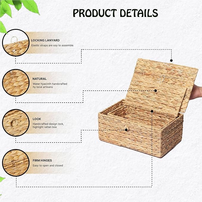 Set of 2 Rectangular Wicker Storage Bins with Lid, Multipurpose Organizer Rattan Display Boxes for Shelf Organizer, Boho Wicker Box for Home Decoration
