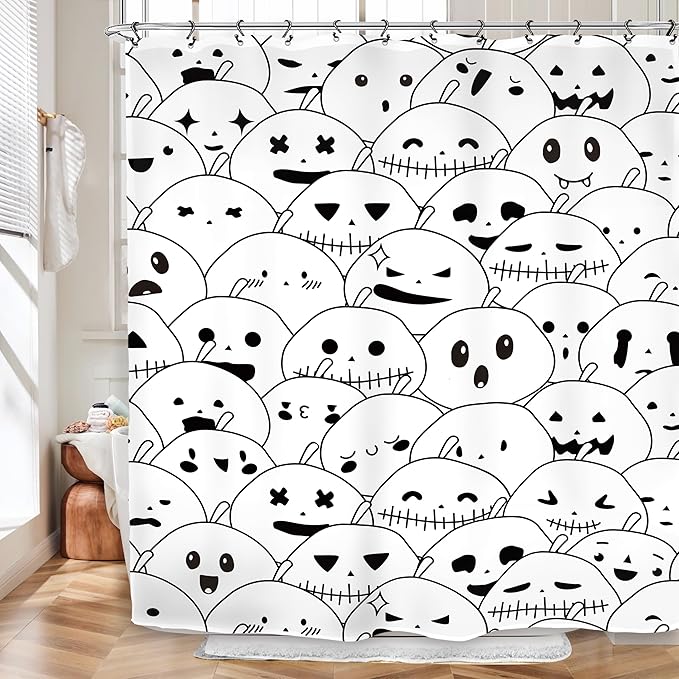 Halloween Pumpkin Ghost Kids Shower Curtain 60Wx72L Inch Horror Scary Spooky Black White Cartoon Lovely Cute Bathroom Set Accessories Decor with 12 Pack Hooks