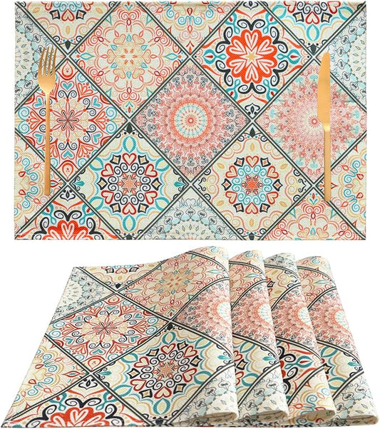 Table Placemats Set of 4 Boho Place Mats Linen Wipeable Placemats Heat Resistant Washable Placemats Fabric Waterproof Rectangle Table Mat for Kitchen Dining Dinner 18 X 12 Inch, Boho