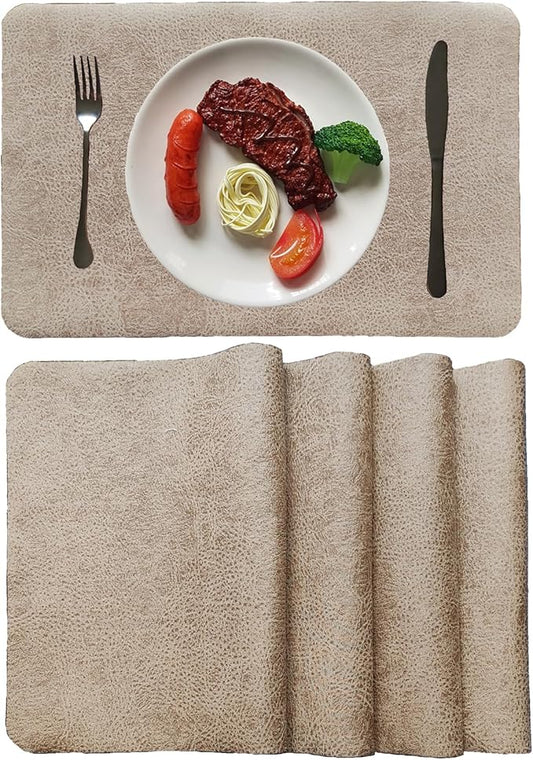 Placemats Set of 4, 6 for Dining Table, Fake Pu Table Cloth Set, Washable Textile Mats 12"x18" Brown