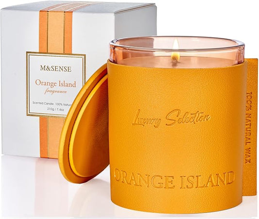 M&SENSE Soy Candles for Home Scented, Orange Island Scented 7.4oz 40 Hours Long Lasting, Natural Aromatic Jar Candle for Spa Bathroom Bedroom, Leather Wrapped Luxury Candle Gifts for Men & Women