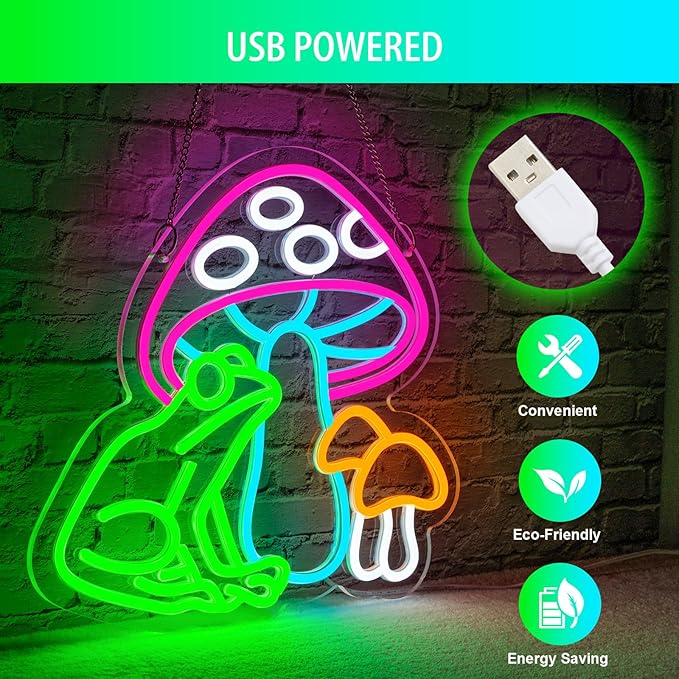 Mushroom Frog Neon Sign Colorful Mushroom Neon Light Frog Neon Sign, USB Powered Dimmable LED Cute Neon Signs for Wall Décor Kids Room, Perfect Gifts for Birthday, Christmas(14.5*13inches) ﻿