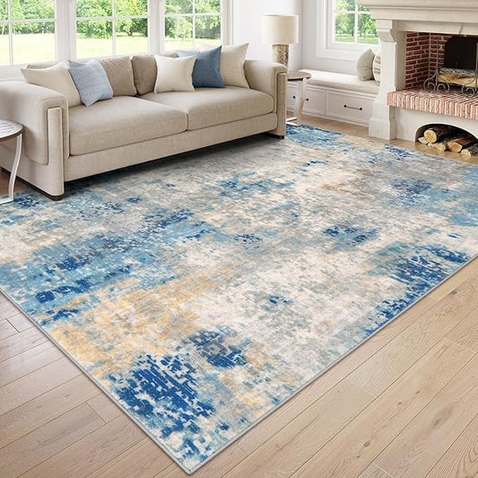Lahome Modern Abstract 9x12 Area Rugs for Living Room, Washable Living Room Rug for Bedroom Low Pile Non Slip, Soft Indoor Accent Carpet for Dining Room Table Apartment, Blue/Grey