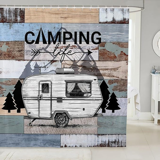 Feelyou Happy Camping Shower Curtain White Camper Fabric Shower Curtain for Kids Boys Girls Farmhouse Style Bathroom Waterproof Accessories with 12 Hooks Vintage Barn Door Curtains,72X78 Inches