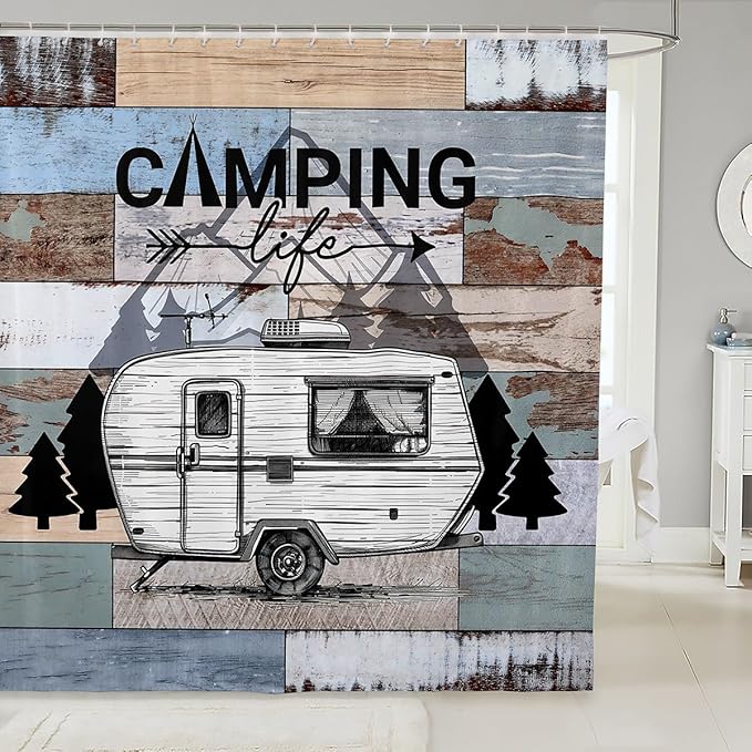 Feelyou Happy Camping Shower Curtain White Camper Fabric Shower Curtain for Kids Boys Girls Farmhouse Style Bathroom Waterproof Accessories with 12 Hooks Vintage Barn Door Curtains,72X84 Inches