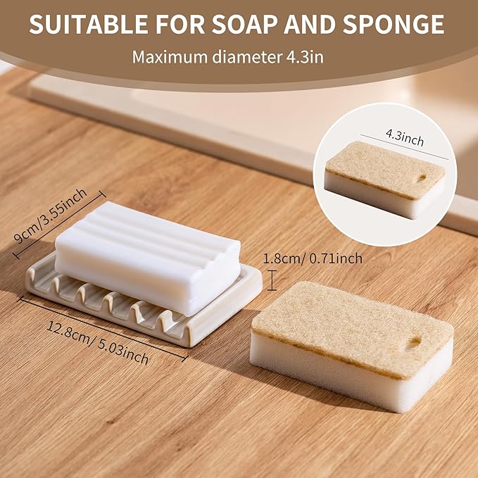 Self Draining Premium White Ceramic Waterfall Soap Dish, Bar Soap Holder, Shower Soap Holder Sponge Holder Soap Tray Savers for Bathroom, Shower, Kitchen, Sink and Countertop