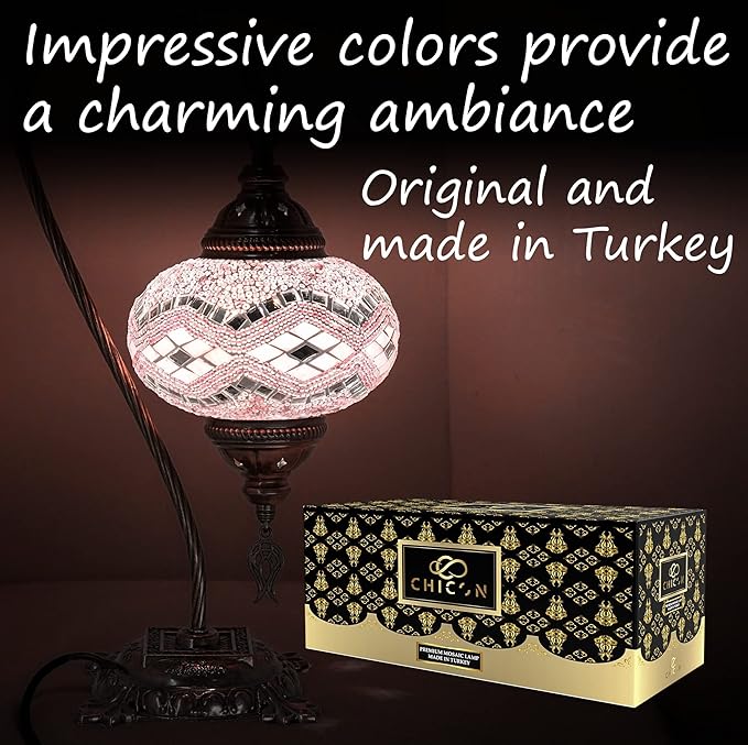 CHICON Handmade Mosaic Turkish Lamp | Genuine Glass Mosaic | A Piece of Art in Unique Lamps | Antique Vintage Lamp | Tiffany Boho Lamp | Moroccan Bohemian Small Table Lamp - SWAN Wave Light Pink