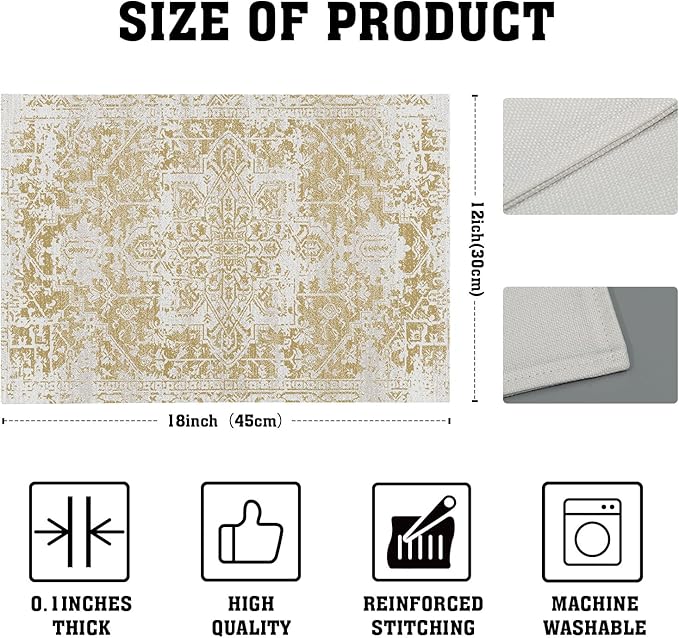 Gray Tan Boho Placemats Set of 6 Ethnic Bohemian Carpet Place Mats Washable Kitchen Dining Vintage Grey Geography Floral Linen Table Mats Stain Heat-Resistant for Home Party Indoor 12x18 in