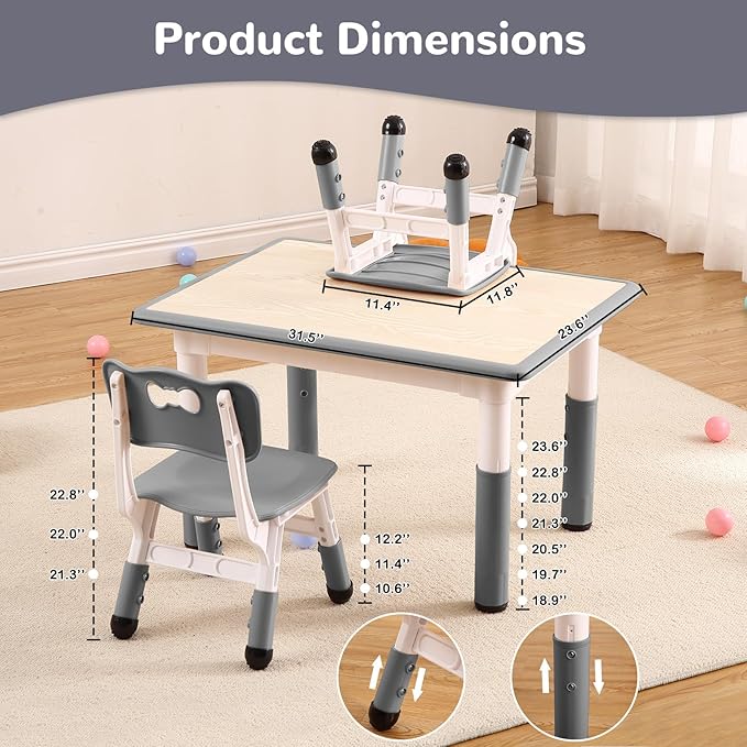 Kids Table and Chairs Set, Height Adjustable Desk With 4 Seats for Ages 2-10,Arts & Crafts Table,Graffiti Desktop, Non-Slip Legs, Max 300lbs, Children Multi-Activity Table for Classrooms,Daycares,Home