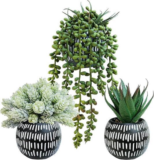 Winlyn Set of 3 Small Artificial Succulent Potted Plants Faux Aloe Hops Hanging Succulent in Black Concrete Planters for Gift Home Office Bathroom Living Room Wedding Windowsill Table Shelf Desk Décor