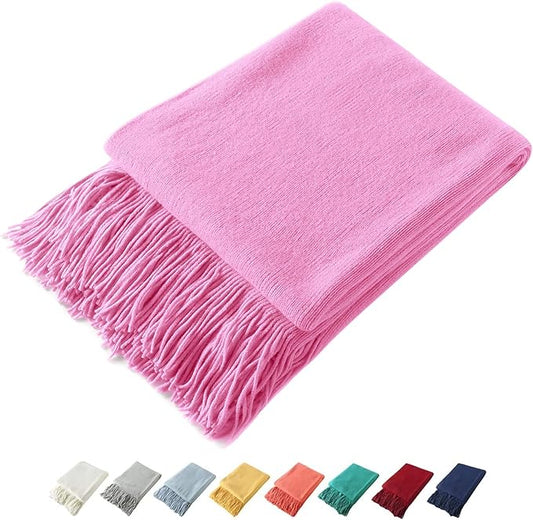 Homiest Decorative Knitted Throw with Fringe, Lightweight Acrylic Knit Blanket - Soft & Cozy Tassel Blanket for Couch, Sofa, Bed (Hot Pink, 50 x 60 Inch)