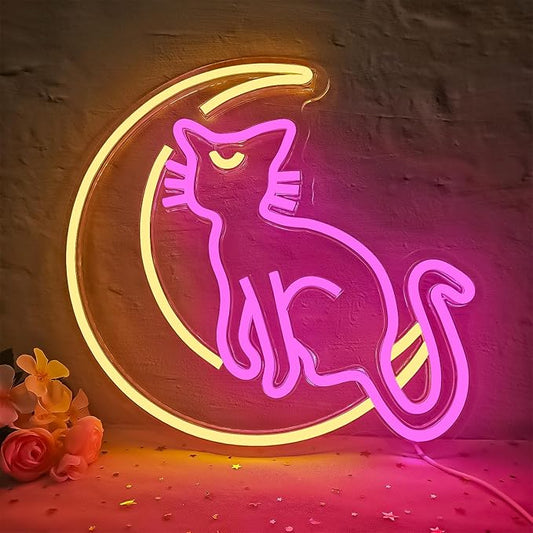 Japanese Anime Cat Neon Signs Dimmable Cartoon Luna Neon Lights Moon Cat Neon Light Sign Cute Led Signs for Bedroom Wall Girls Room Dorm Birthday Party Kawaii Gift