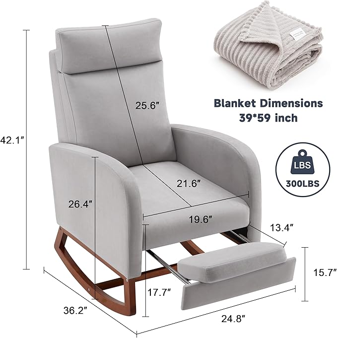 Rocking Chair Nursery Chair with Foot Rest, Nursery Rocking Chairs with High Back, Glider Rocking Chair, Baby Nursery Glider Rocker, Nursing Chair Accent Living Room Grey with Blanket