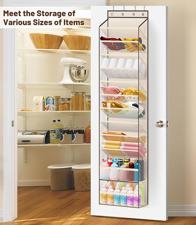 MISSLO 12 Tier Over the Door Shoe Organizer Breathable Mesh Hanging Shoe Rack for Closet Storage Shoe Holder for Door Fit 24 Pairs Sandals, Heels, Boots (Beige)