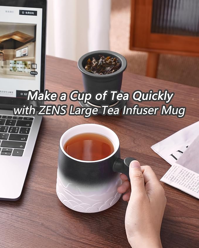 ZENS Mug With Infuser and Lid for Loose Leaf Steeper, 16.9oz Embossed Ceramic Cup With Fine Strainers, Wood Handle Large Diffusers, Tea Accessories for Lovers Gifts