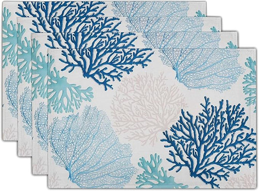 Giwawa Ocean Coral Placemats Set of 4 Summer Blue White Coral Reef Linen Table Place Mat Nautical Sea Marine Seaweed Heat-Resistant Place Mats for Dining Kitchen 12"x18"