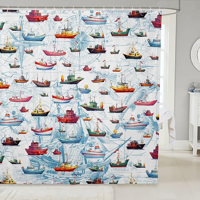 Feelyou Sailboat Printed Shower Curtain 72"x78" Kids Nautical Decor Bathroom Shower Curtain Set for Boys Girls Teens Ocean Marine Themed Bath Curtain Sea Adventure Bathroom Accessories