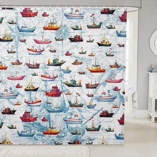 Feelyou Sailboat Printed Shower Curtain 72"x72" Kids Nautical Decor Bathroom Shower Curtain Set for Boys Girls Teens Ocean Marine Themed Bath Curtain Sea Adventure Bathroom Accessories