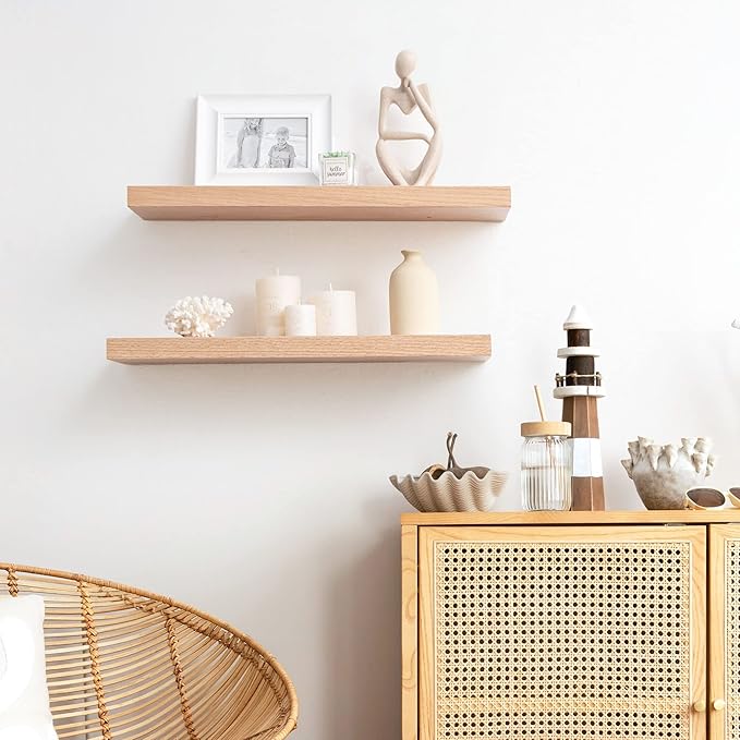 Fun Memories 8 Inch Deep Floating Shelves, Rustic Wood Floating Shelf Wall Mounted, 24 x 8 Wall Shelves Set of 2, Deep Floating Shelves for Bathroom, Living Room, Kitchen, Natural Oak Color