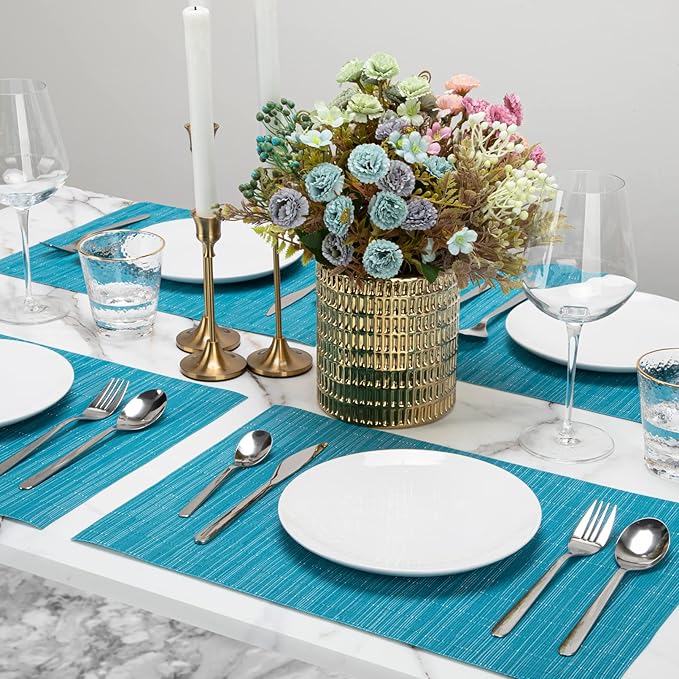 Winknowl Placemats Set of 4, Heat Resistant Stain Resistant Woven Vinyl Insulation Place mats, Durable Washable Elegant Table Mats for Kitchen Dining Table Decor (Teal Blue)