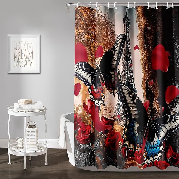 AILONEN Butterfly Shower Curtain for Bathroom,Romantic Red Rose Flower Butterfly Bath Curtain 60" W*72" H,Retro Eiffel Tower Decoration Waterproof Bathroom Curtain with 12 Plastic Hooks