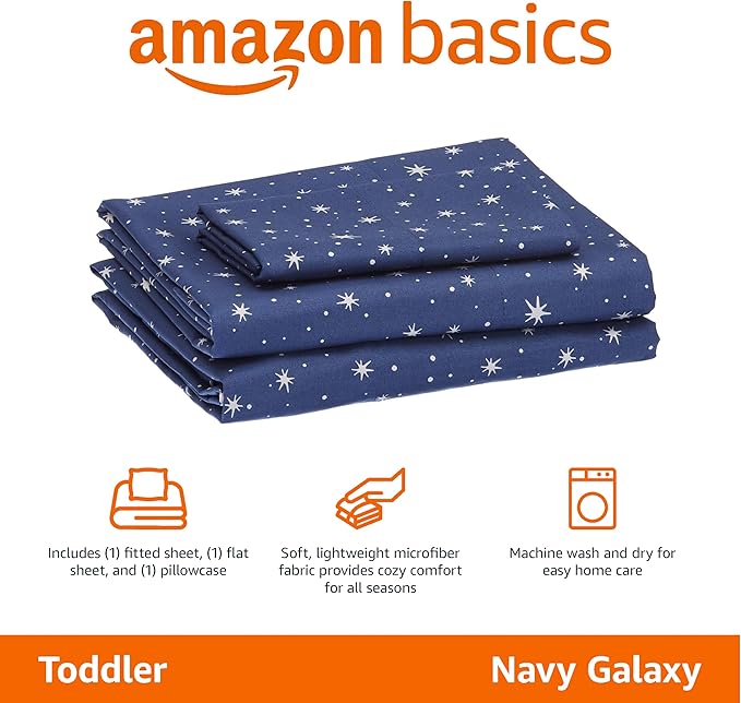 Amazon Basics Kid's Soft Easy-Wash Lightweight Microfiber 3-Piece Sheet Set, Toddler, Navy Galaxy