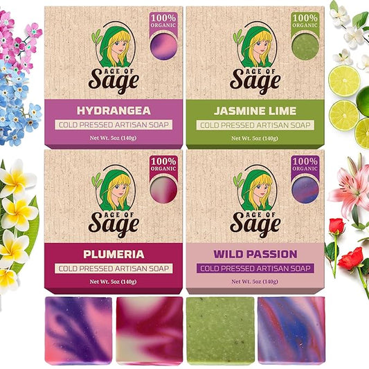 Natural Bar Soap for Women - Vegan Bath Soap Bars Gift Set - Handmade Cold Process Artisan Soap with Essential Oil, Aromatic All Moisturizing Wash Soaps, Fragrant Damsel Scent by Age of Sage (4 Pack)