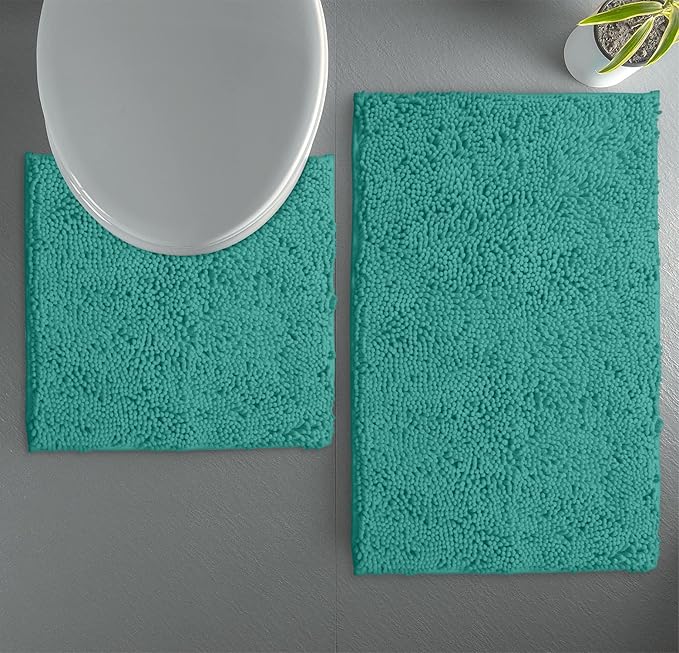 LuxUrux Bathroom Rugs Sets 2 Piece: Quick Dry, Soft Plush Anti-Slip, Super Absorbent. Includes Rectangular (31x20 inches) & U-Shaped Toilet Mat (20x20 inches) | Turquoise